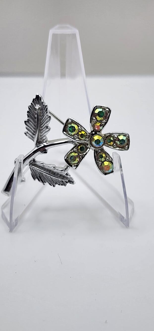 Vintage Sarah Coventry AB Rhinestone Flower Brooch Silver Tone Signed SARAHCOV